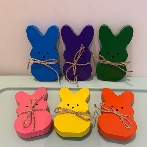 Colorful Wooden Bunny Decor Set- Set of 6- NEW - Picture 2 of 7